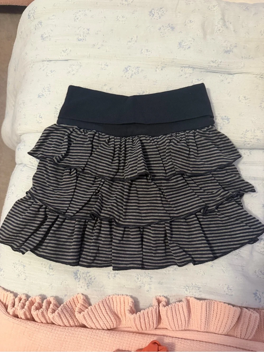 Zara Navy and Gray Striped Tiered Ruffle Skirt